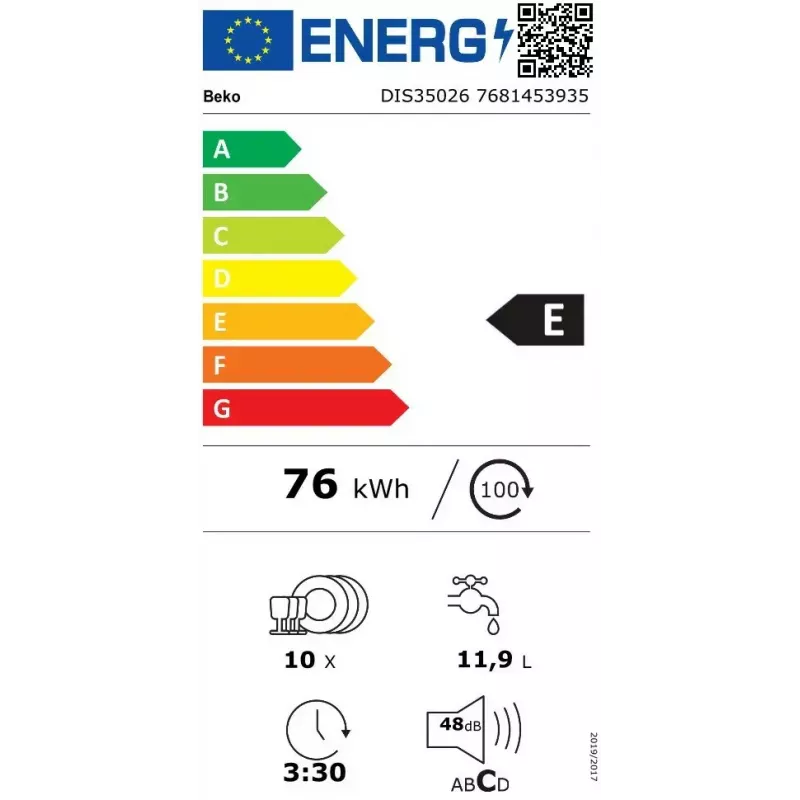 Máquina de lavar loiça de encastrar BEKO DIS35026 — estreita 45 cm, 10 conjuntos de louça, 48 dB, 5 programas, classe energética E