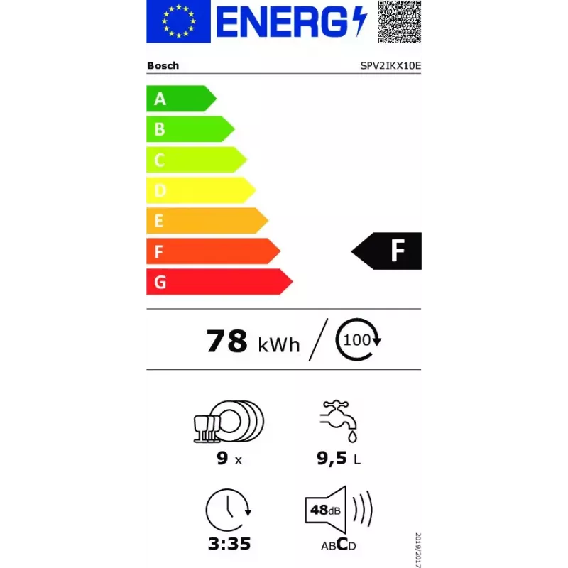 Máquina de lavar loiça de encastrar Bosch Serie 2 SPV2IKX10E, estreita 45 cm, 9 conjuntos de louça, 48 dB, 5 programas, cuba interior em aço inoxidável