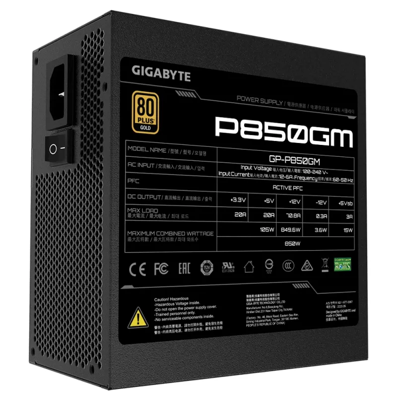 Fonte de alimentação GIGABYTE P850GM 850 W 20+4 pin ATX ATX preta