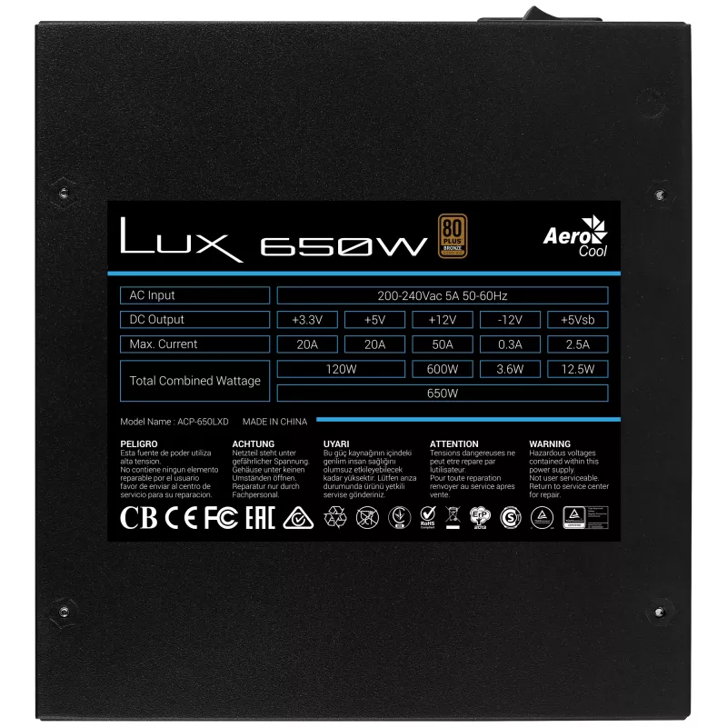 Fonte de alimentação para PC Aerocool LUX650 650W 80 Plus Bronze 230V 88% de eficiência preto