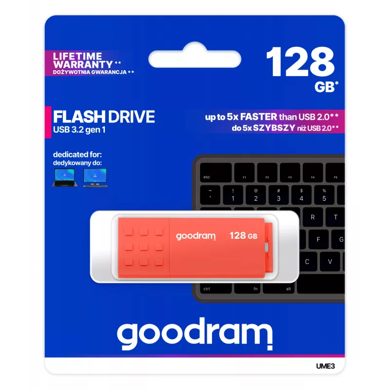 Pen USB GOODRAM UME3 128 GB USB Type-A 3.2 Gen 1, laranja, sem tampa, 60/20 MB/s
