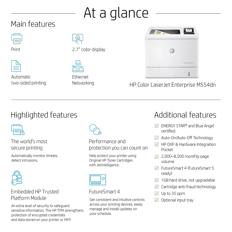 Impressora HP Color LaserJet Enterprise M554dn, laser, cor, 1200 x 1200 DPI, A4, 33 ppm, impressão frente e verso