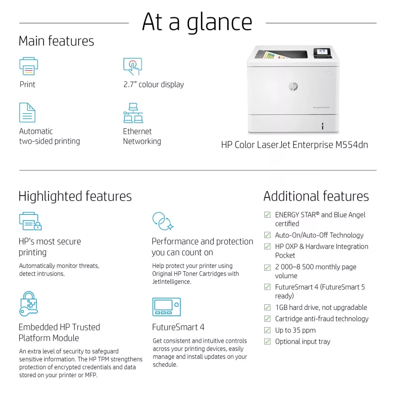 Impressora HP Color LaserJet Enterprise M554dn, laser, cor, 1200 x 1200 DPI, A4, 33 ppm, impressão frente e verso