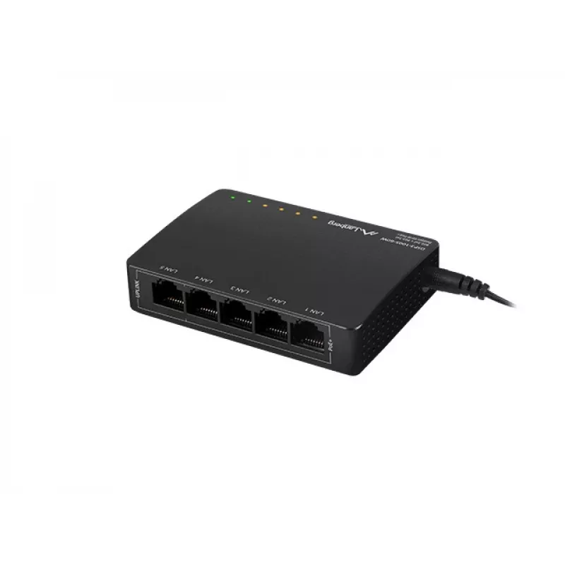 Switch de rede não gerido LANBERG DSP3-1005-60W, 5x Gigabit RJ-45, 4x PoE+ (60 W total), comutação 10 Gbit/s