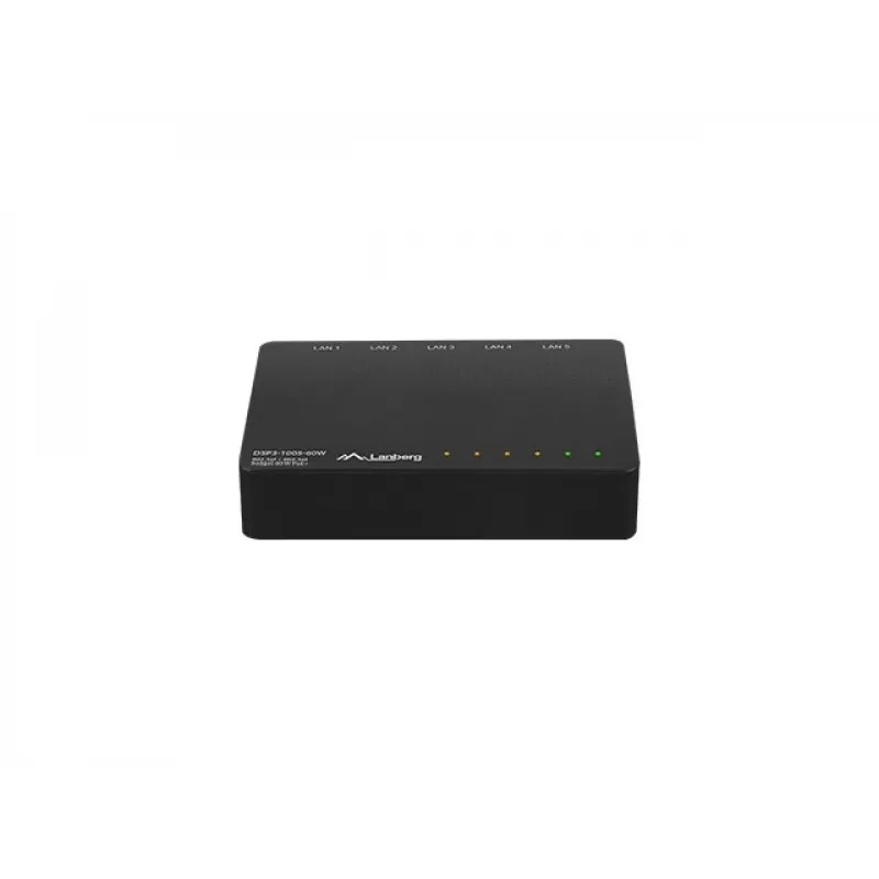 Switch de rede não gerido LANBERG DSP3-1005-60W, 5x Gigabit RJ-45, 4x PoE+ (60 W total), comutação 10 Gbit/s