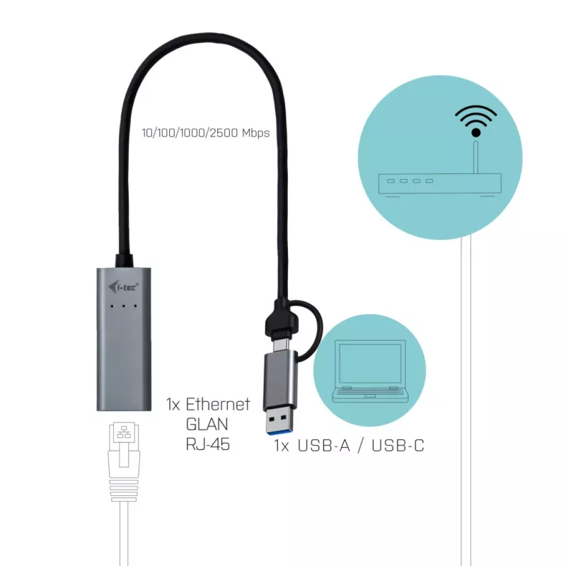 Adaptador i-tec Metal USB-C/USB-A 2.5Gbps Ethernet, com fios, USB Type-A/USB Type-C, Ethernet, 2500 Mbit/s, cinzento