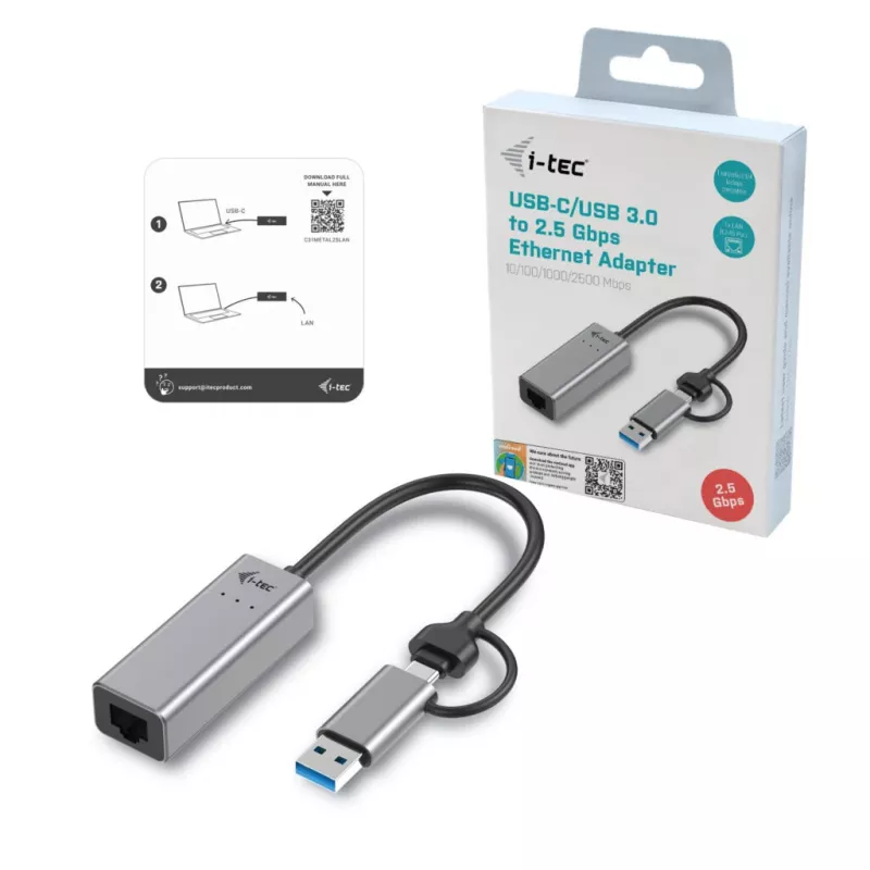 Adaptador i-tec Metal USB-C/USB-A 2.5Gbps Ethernet, com fios, USB Type-A/USB Type-C, Ethernet, 2500 Mbit/s, cinzento