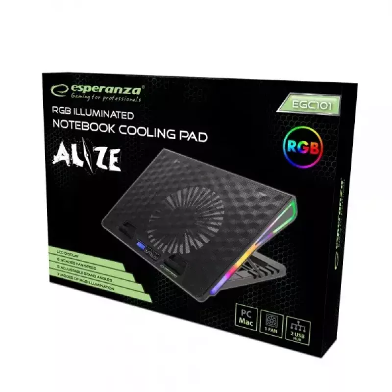 Base de arrefecimento para portátil ESPERANZA EGC101 — 1 ventoinha 18 cm, 76 cfm, 800 rpm, 5 posições de altura, LCD, alimentação USB