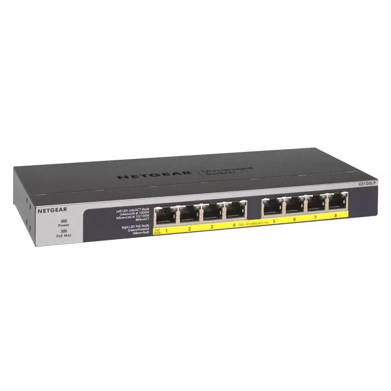 NETGEAR GS108LP Gigabit Ethernet não gerido (10/100/1000) Power over Ethernet (PoE) 1U preto, cinzento