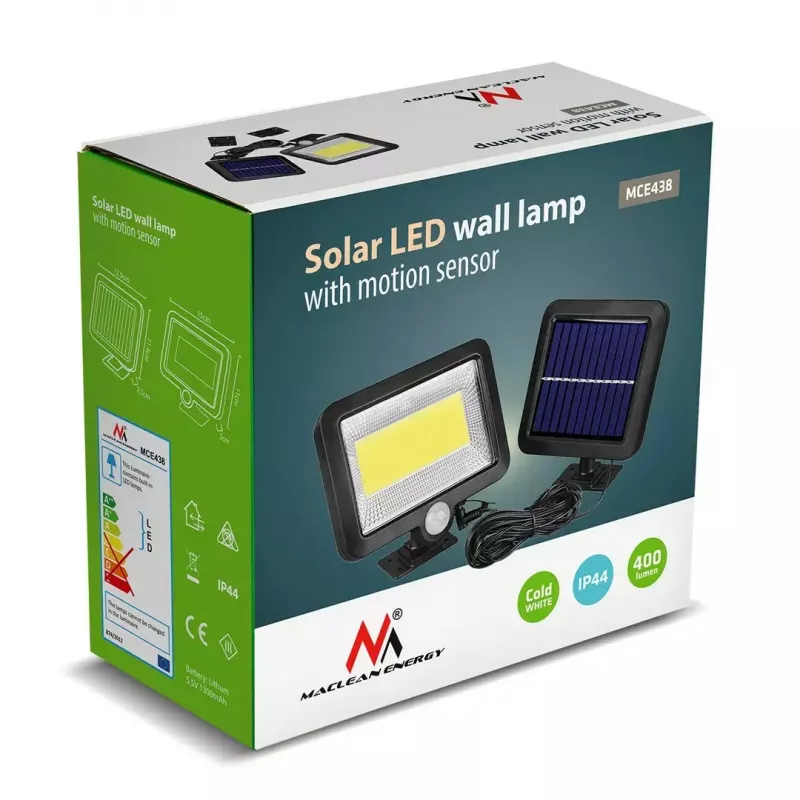 Holofote LED solar exterior MACLEAN MCE438, 5 W, 400 lm, IP44, Li-Ion 5,2 V, montagem na parede, luz branca, preto