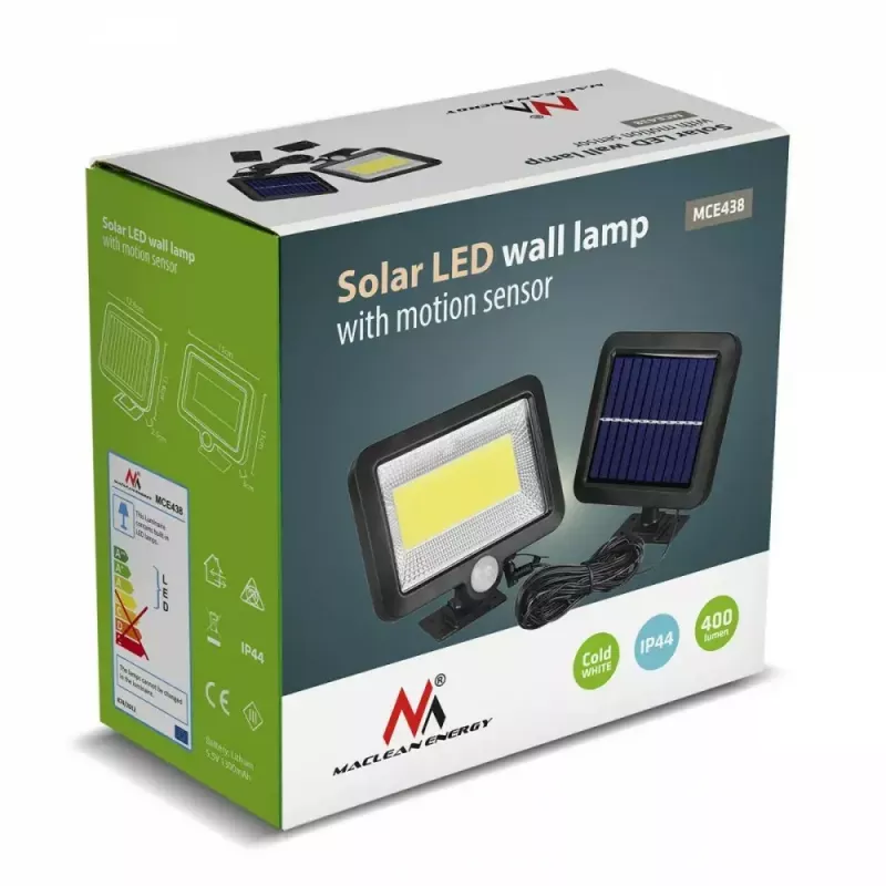 Holofote LED solar exterior MACLEAN MCE438, 5 W, 400 lm, IP44, Li-Ion 5,2 V, montagem na parede, luz branca, preto