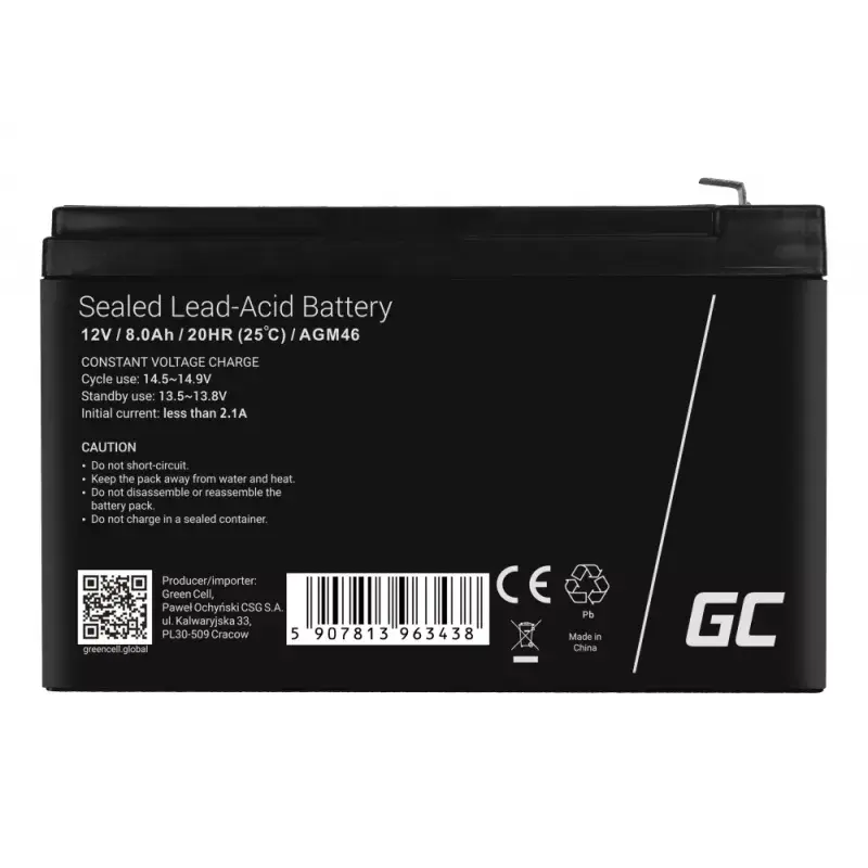 Bateria recarregável de chumbo-ácido 12 V Green Cell AGM46, 8000 mAh, 2,15 kg, VRLA