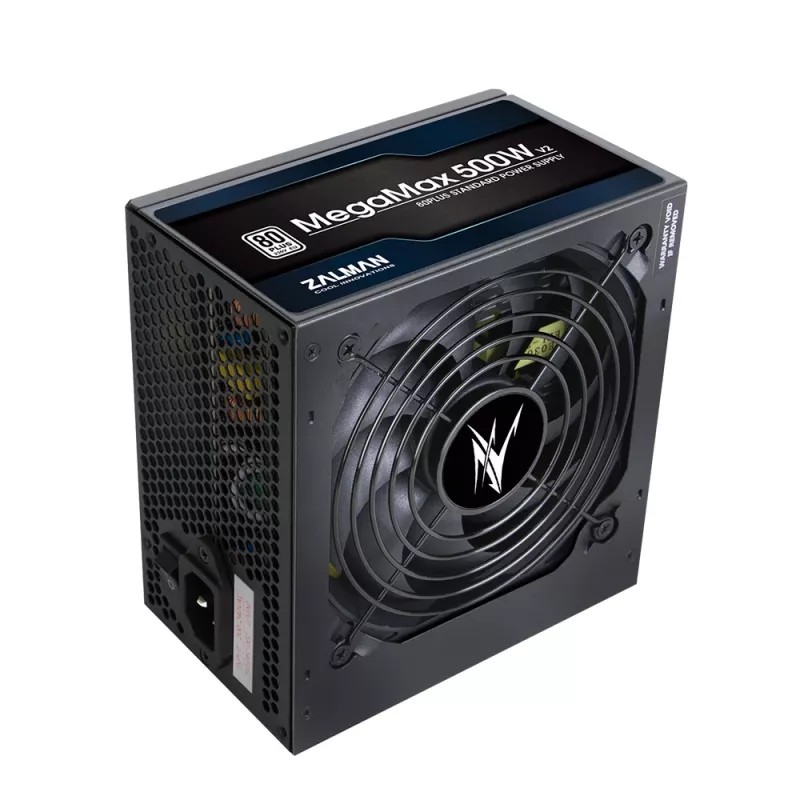 Zalman ZM500-TXII V2 MegaMax fonte de alimentação para PC 500 W, 80 PLUS Standard EU, PFC ativo, ATX de 20+4 pinos, ventoinha de 12 cm, preta