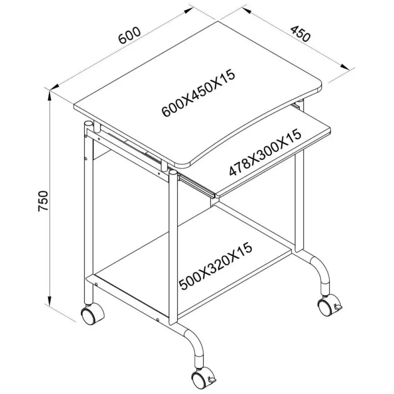 Secretária de computador TECHLY Compact ICA-TB S005 — secretária compacta, tampo em MDF, gaveta para teclado, rodas, 600×450×750 mm, faia