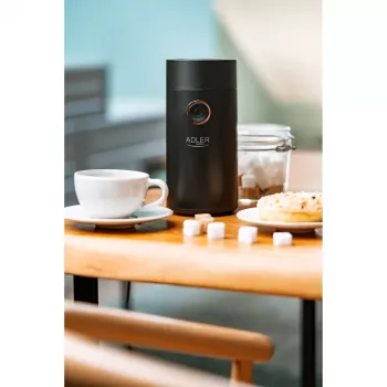 Moinho de café com mós cónicas Adler AD 4446bg — 150 W, depósito de grãos 75 g, mós em aço inoxidável, controlo por botões, preto