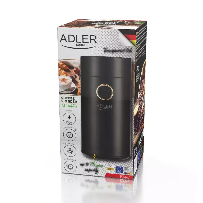 Moinho de café com mós cónicas Adler AD 4446bg — 150 W, depósito de grãos 75 g, mós em aço inoxidável, controlo por botões, preto