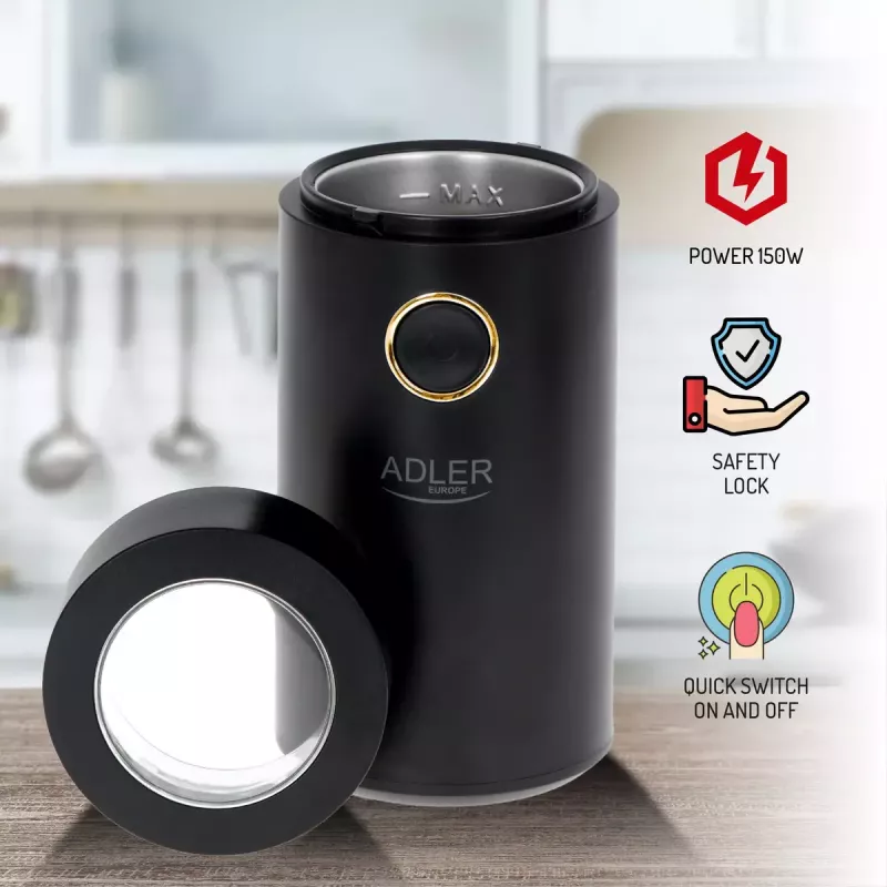 Moinho de café com mós cónicas Adler AD 4446bg — 150 W, depósito de grãos 75 g, mós em aço inoxidável, controlo por botões, preto