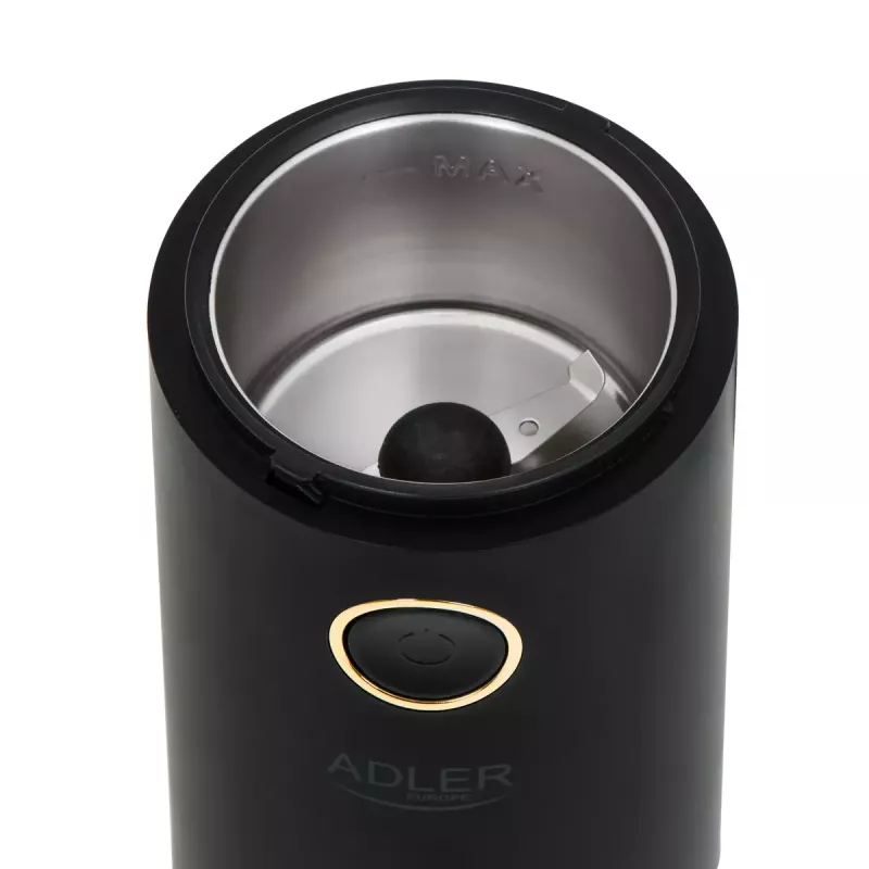 Moinho de café com mós cónicas Adler AD 4446bg — 150 W, depósito de grãos 75 g, mós em aço inoxidável, controlo por botões, preto