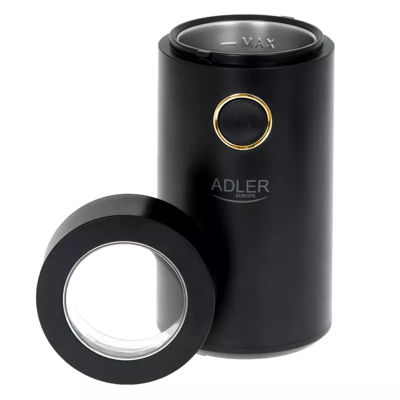 Moinho de café com mós cónicas Adler AD 4446bg — 150 W, depósito de grãos 75 g, mós em aço inoxidável, controlo por botões, preto