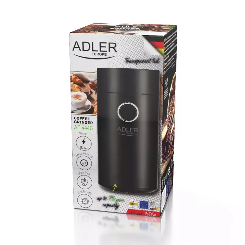 Moinho de mós Adler AD4446BS — 150 W, mós em aço inoxidável, depósito de grãos 75 g, preto