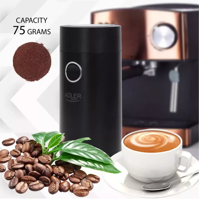 Moinho de mós Adler AD4446BS — 150 W, mós em aço inoxidável, depósito de grãos 75 g, preto