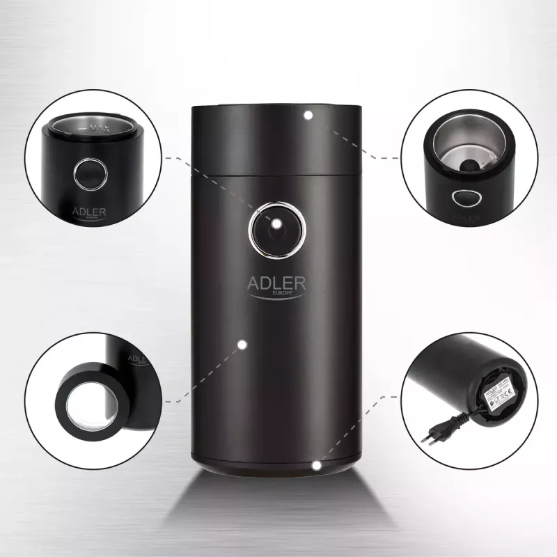 Moinho de mós Adler AD4446BS — 150 W, mós em aço inoxidável, depósito de grãos 75 g, preto