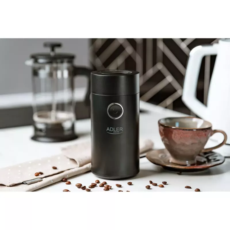 Moinho de mós Adler AD4446BS — 150 W, mós em aço inoxidável, depósito de grãos 75 g, preto