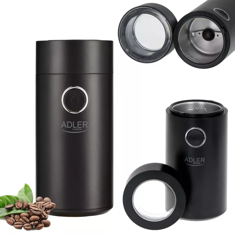 Moinho de mós Adler AD4446BS — 150 W, mós em aço inoxidável, depósito de grãos 75 g, preto
