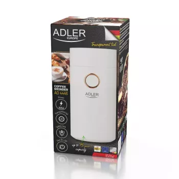 Moinho de café com mós Adler AD4446WG — moinho de café elétrico, mós em aço inoxidável, depósito de grãos 75 g, 150 W, branco