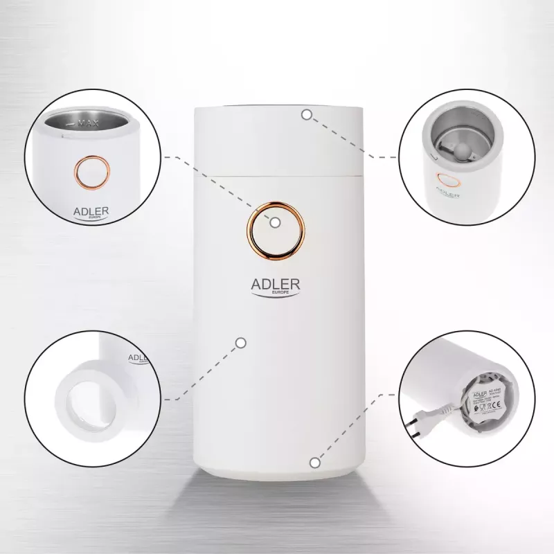Moinho de café com mós Adler AD4446WG — moinho de café elétrico, mós em aço inoxidável, depósito de grãos 75 g, 150 W, branco
