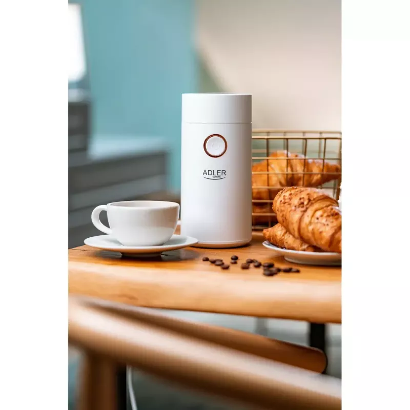 Moinho de café com mós Adler AD4446WG — moinho de café elétrico, mós em aço inoxidável, depósito de grãos 75 g, 150 W, branco