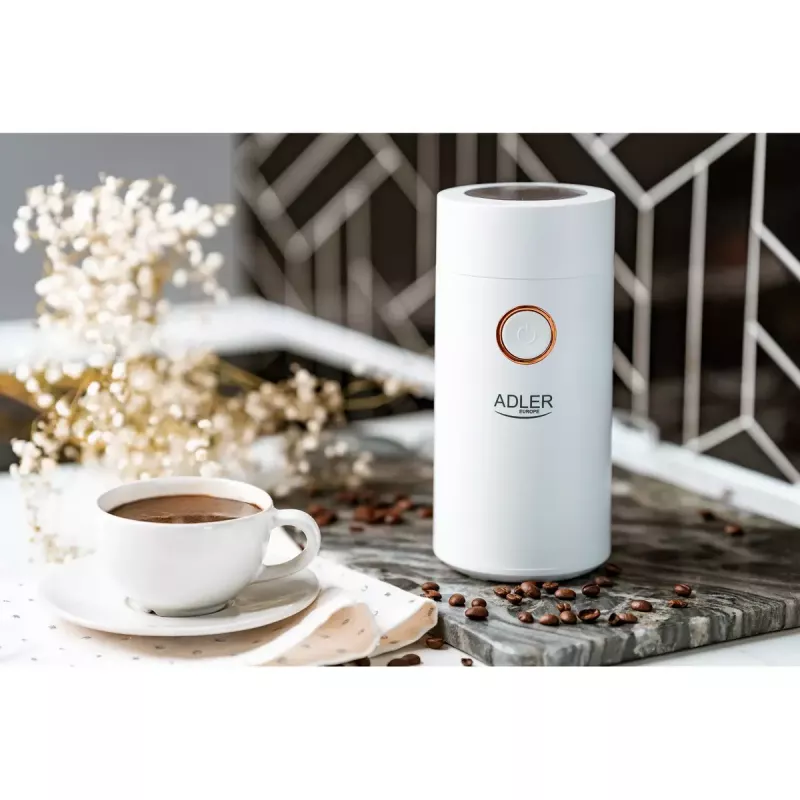 Moinho de café com mós Adler AD4446WG — moinho de café elétrico, mós em aço inoxidável, depósito de grãos 75 g, 150 W, branco