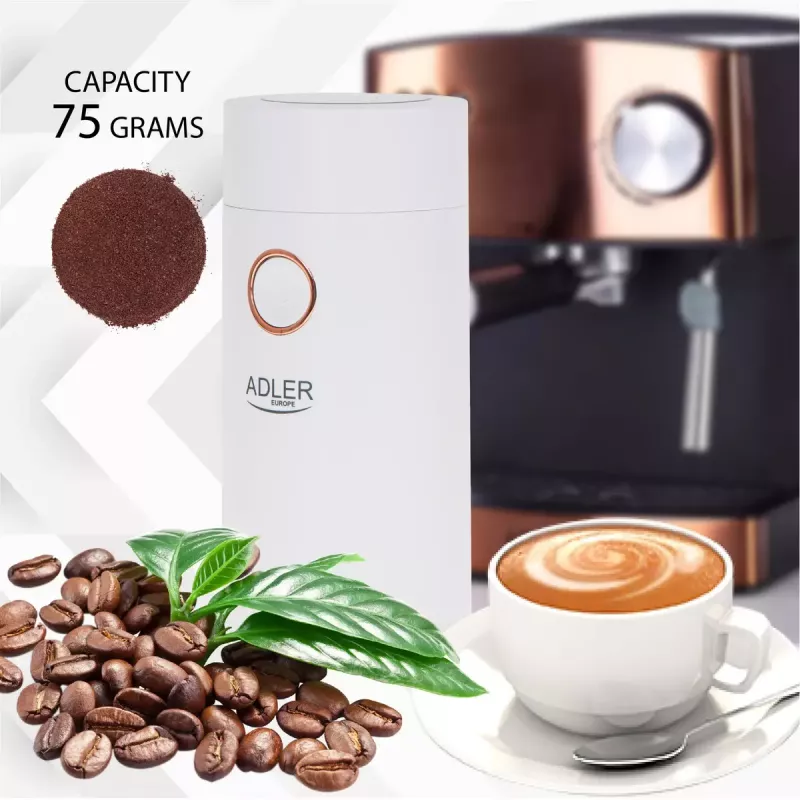 Moinho de café com mós Adler AD4446WG — moinho de café elétrico, mós em aço inoxidável, depósito de grãos 75 g, 150 W, branco