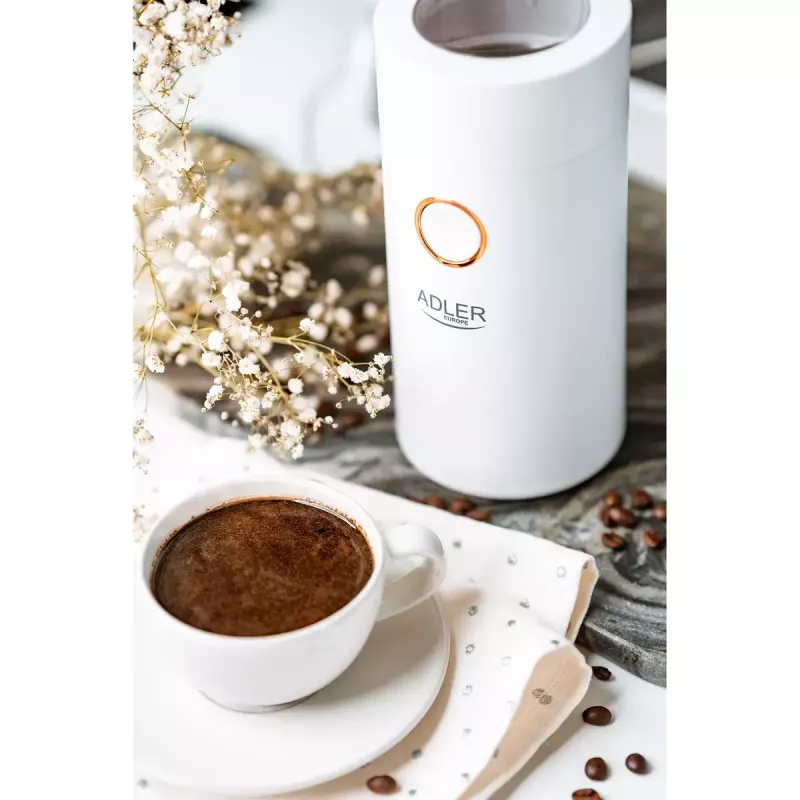 Moinho de café com mós Adler AD4446WG — moinho de café elétrico, mós em aço inoxidável, depósito de grãos 75 g, 150 W, branco