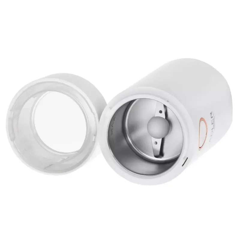 Moinho de café com mós Adler AD4446WG — moinho de café elétrico, mós em aço inoxidável, depósito de grãos 75 g, 150 W, branco