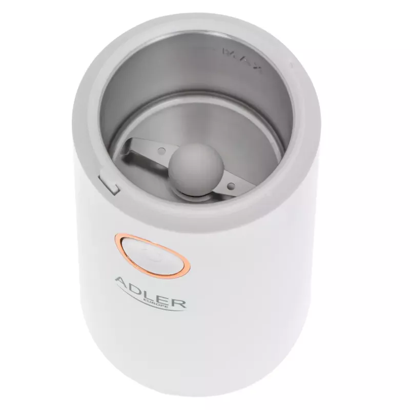 Moinho de café com mós Adler AD4446WG — moinho de café elétrico, mós em aço inoxidável, depósito de grãos 75 g, 150 W, branco