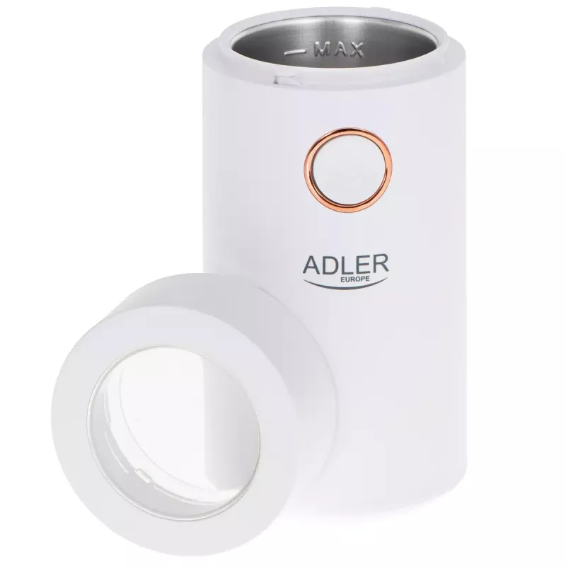 Moinho de café com mós Adler AD4446WG — moinho de café elétrico, mós em aço inoxidável, depósito de grãos 75 g, 150 W, branco