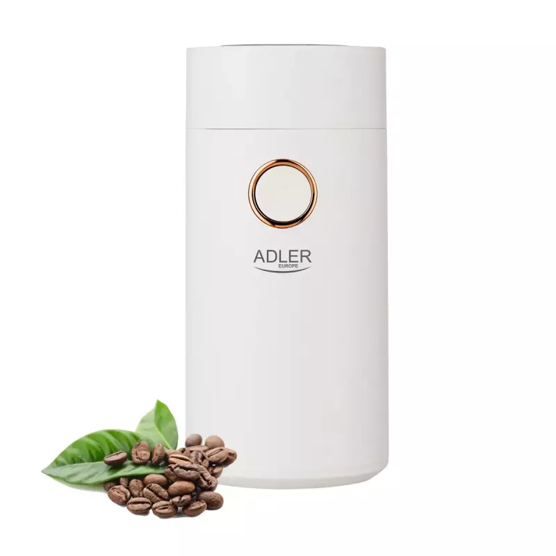 Moinho de café com mós Adler AD4446WG — moinho de café elétrico, mós em aço inoxidável, depósito de grãos 75 g, 150 W, branco