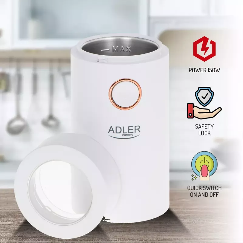 Moinho de café com mós Adler AD4446WG — moinho de café elétrico, mós em aço inoxidável, depósito de grãos 75 g, 150 W, branco