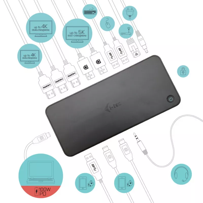 Estação de acoplamento i-tec USB 3.0 / USB-C / Thunderbolt, 3x 4K + Power Delivery 100W