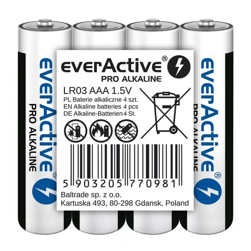 Pilhas alcalinas AAA everActive LR03PRO4T — 4 unid., 1,5 V, 1250 mAh, 44,5×10,5 mm