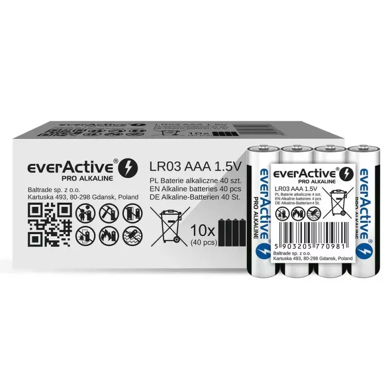 Pilhas alcalinas AAA everActive LR03PRO4T — 4 unid., 1,5 V, 1250 mAh, 44,5×10,5 mm