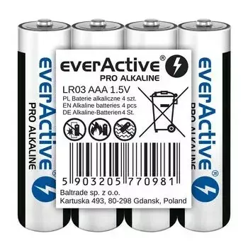Pilhas alcalinas AAA everActive LR03PRO4T — 4 unid., 1,5 V, 1250 mAh, 44,5×10,5 mm