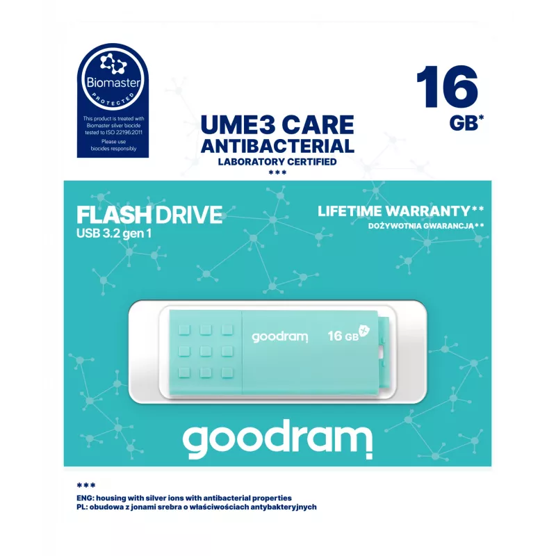 Pen USB GOODRAM UME3 CARE 16 GB USB Type-A 3.2 Gen 1 (leitura 60 MB/s, escrita 20 MB/s) turquesa