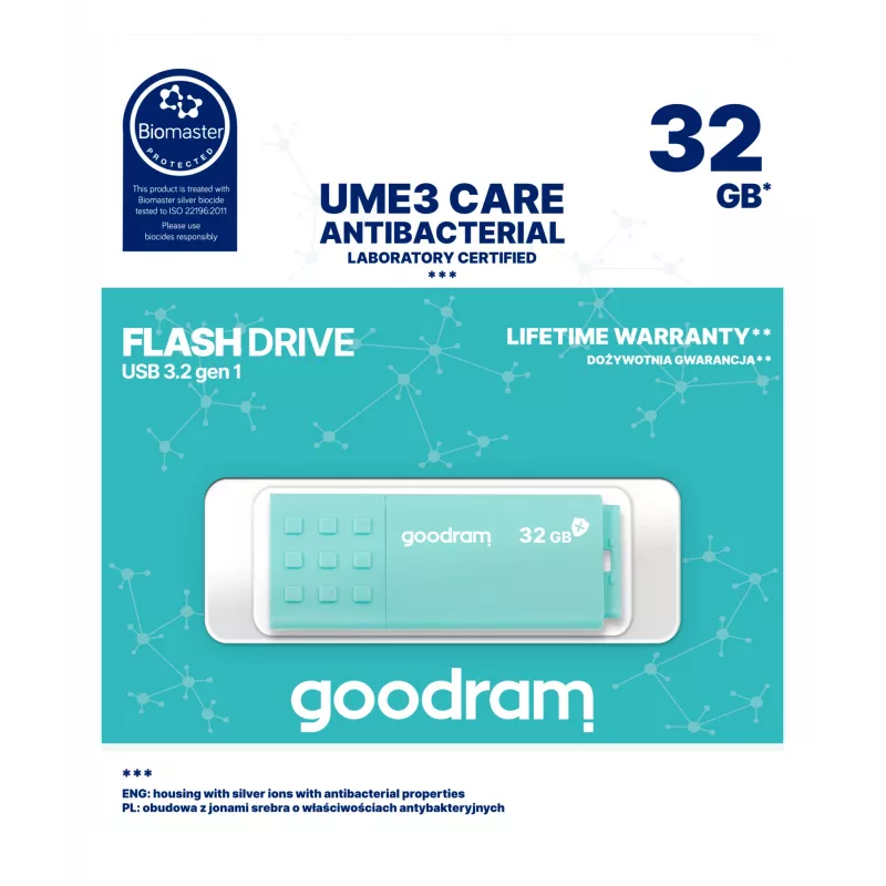 Pen USB GOODRAM UME3 32 GB USB Type-A 3.2 Gen 1 — turquesa, 60 MB/s leitura, 20 MB/s escrita