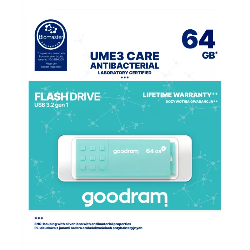 Pen USB GOODRAM 64 GB USB Type-A 3.2 Gen 1 UME3, turquesa, leitura 60 MB/s, escrita 20 MB/s