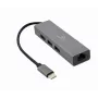 Adaptador docking Gembird A-CMU3-LAN-01 — USB-C 3.2 Gen 1, 1× Gigabit-LAN, 3× USB-A, caixa metálica, cinzento