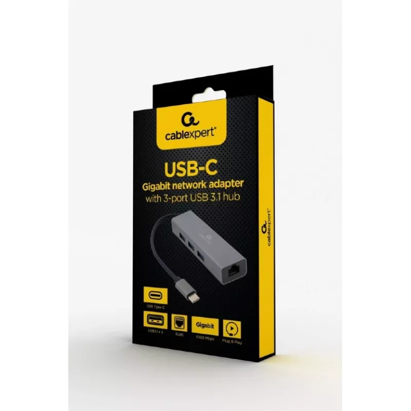 Adaptador docking Gembird A-CMU3-LAN-01 — USB-C 3.2 Gen 1, 1× Gigabit-LAN, 3× USB-A, caixa metálica, cinzento