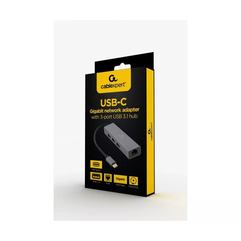 Adaptador docking Gembird A-CMU3-LAN-01 — USB-C 3.2 Gen 1, 1× Gigabit-LAN, 3× USB-A, caixa metálica, cinzento