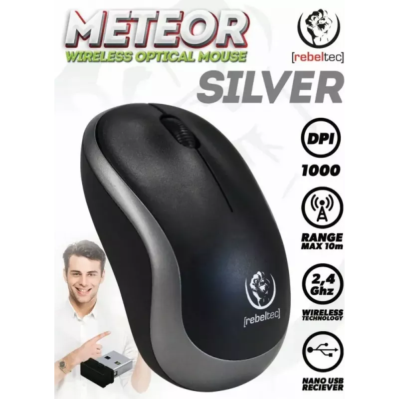 Rato ótico sem fios Rebeltec METEOR prateado RBLMYS00050 USB
